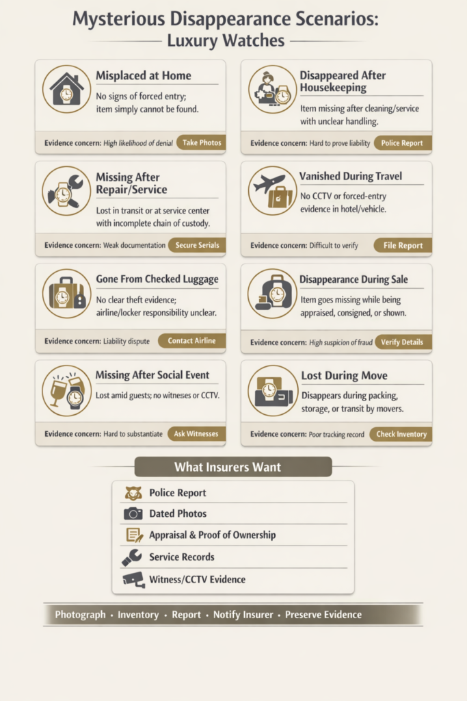 Diagram showing typical mysterious disappearance situations for luxury watches