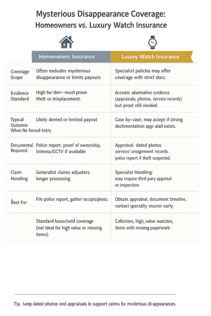  Comparison chart showing homeowners insurance versus luxury watch insurance for mysterious disappearance