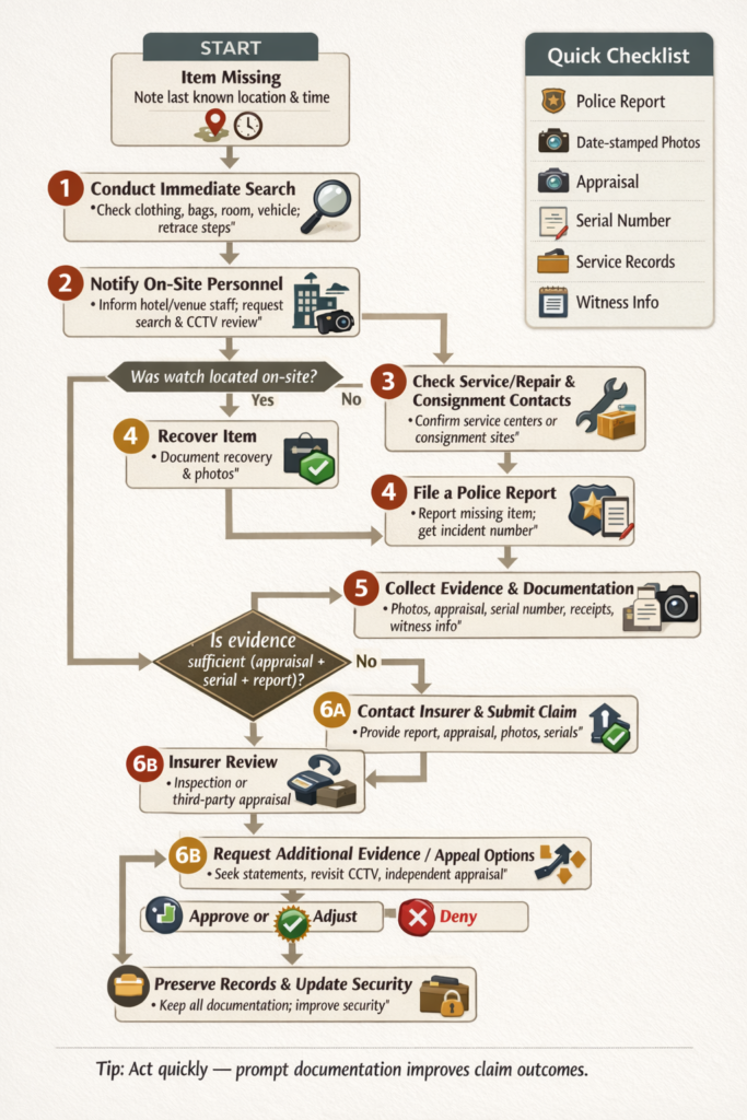  Decision flowchart showing steps after a luxury watch mysteriously disappears
