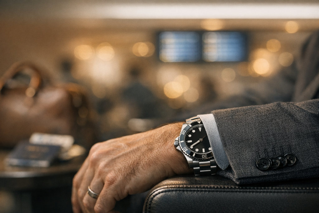  Rolex watch worn discreetly in an airport travel setting