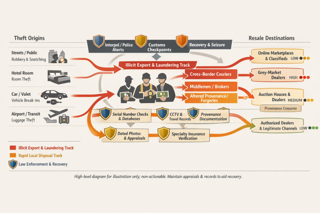  Landscape infographic showing timeline after a Rolex is stolen while traveling