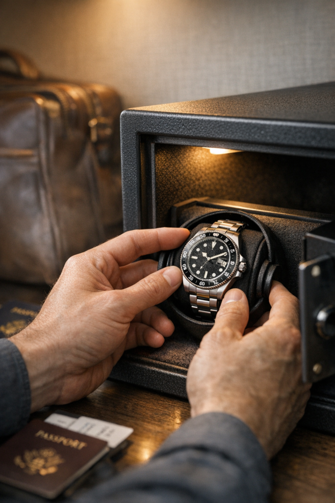  Traveler placing a Rolex watch into a hotel room safe