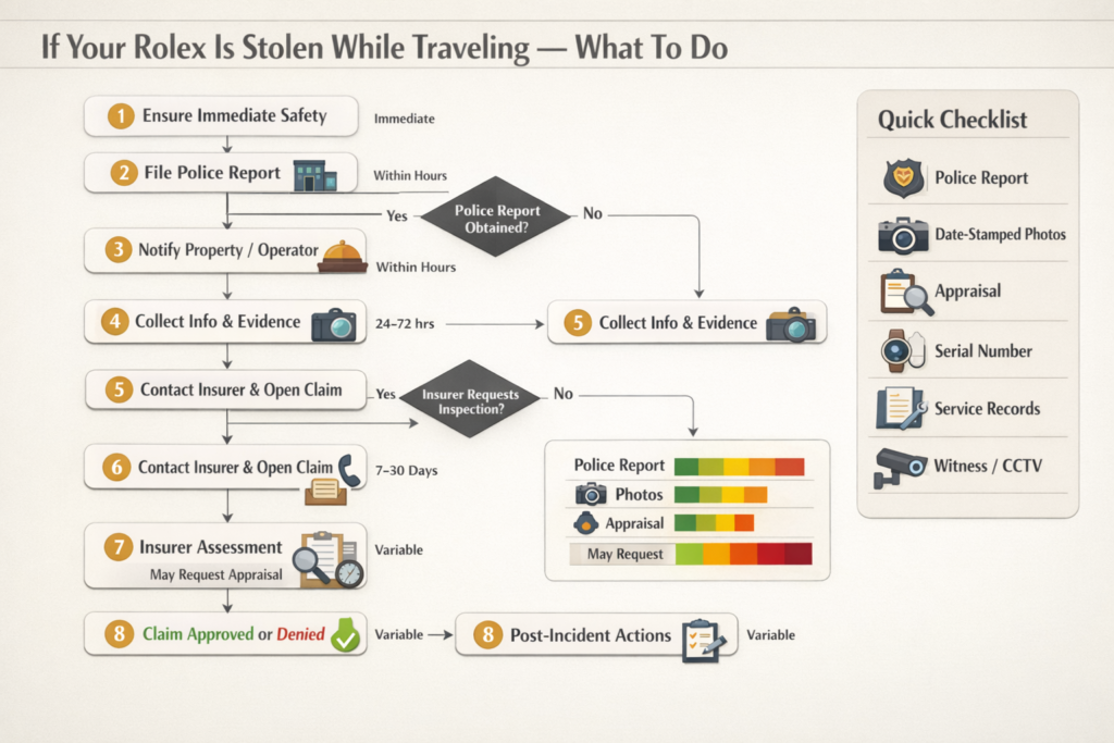 Inforgraphic of what to do if your rolex is stolen while traveling