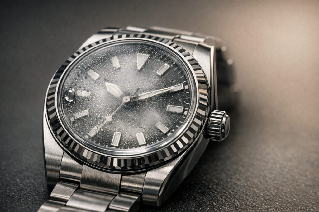  Rolex watch with condensation visible under the crystal