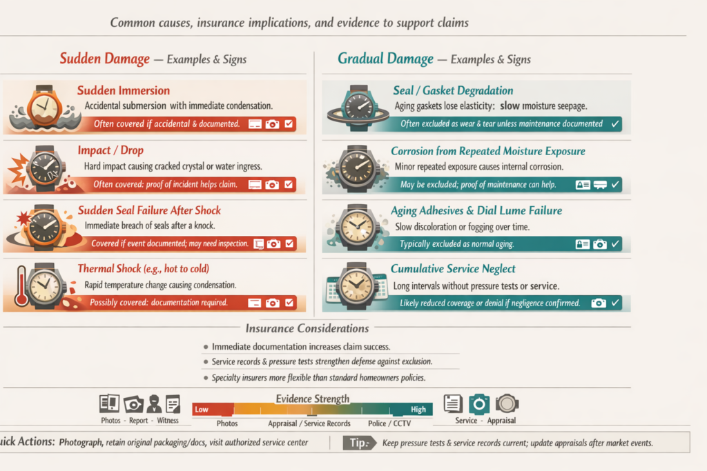  Landscape infographic comparing sudden versus gradual water damage in Rolex watches