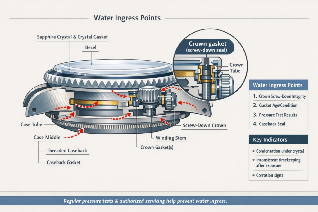  Landscape diagram showing Rolex crown and gasket seal points