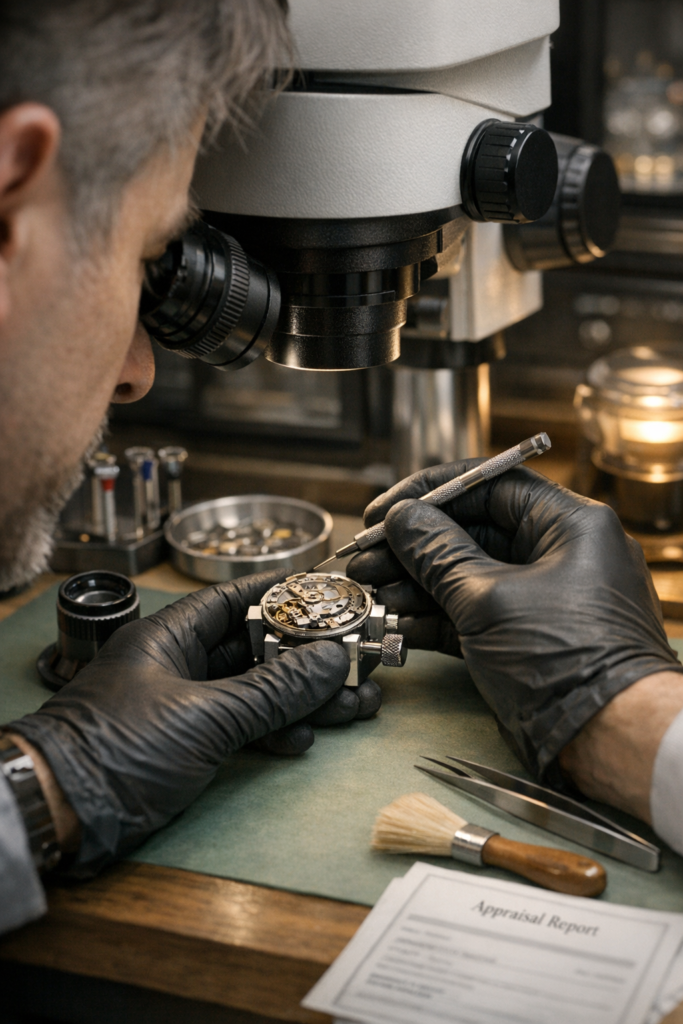  Rolex watch being examined during professional service