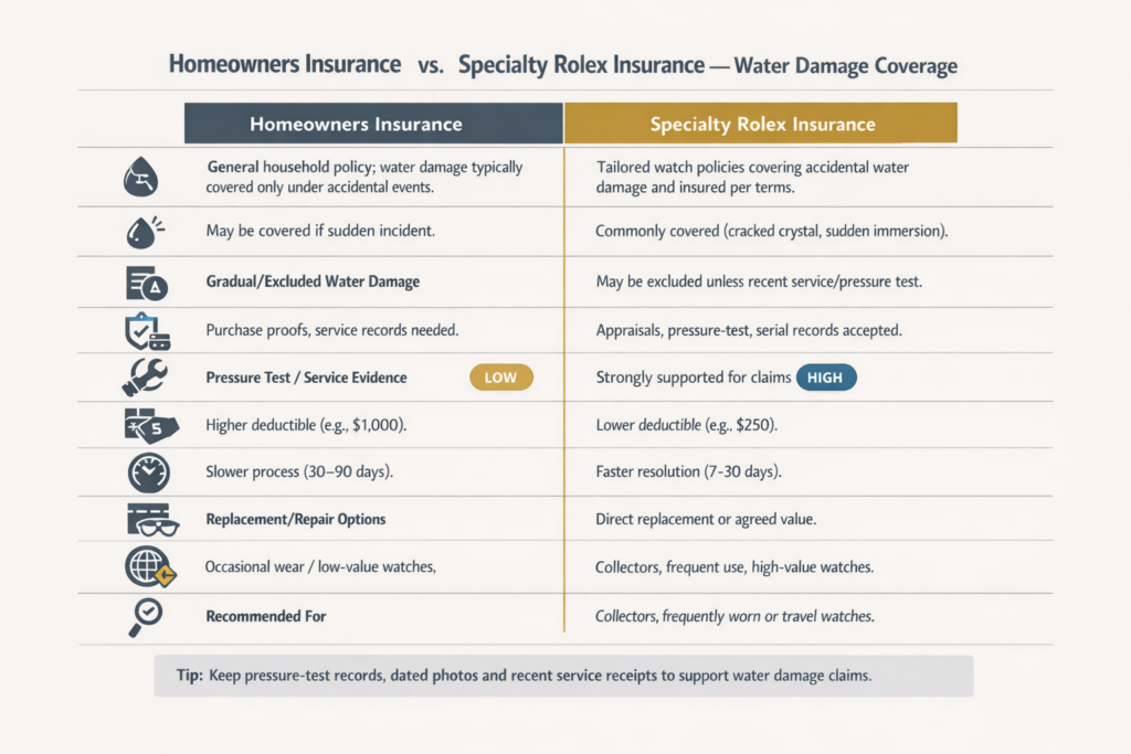  Landscape comparison chart showing homeowners insurance vs specialty Rolex water damage coverage