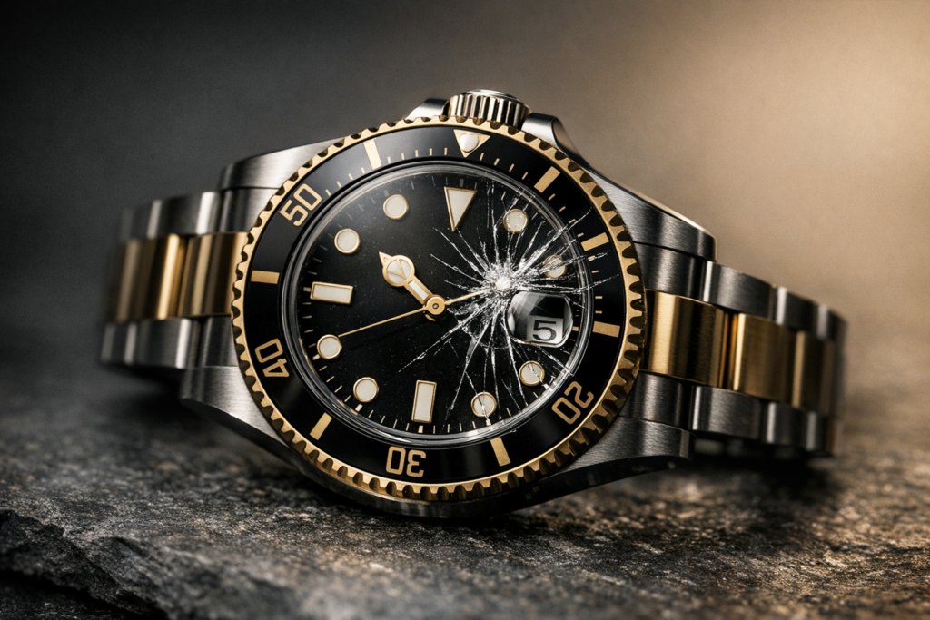  Rolex watch with a cracked sapphire crystal on a hard surface