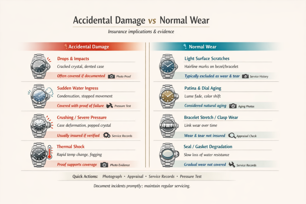  Landscape infographic comparing accidental damage versus normal wear for Rolex watches