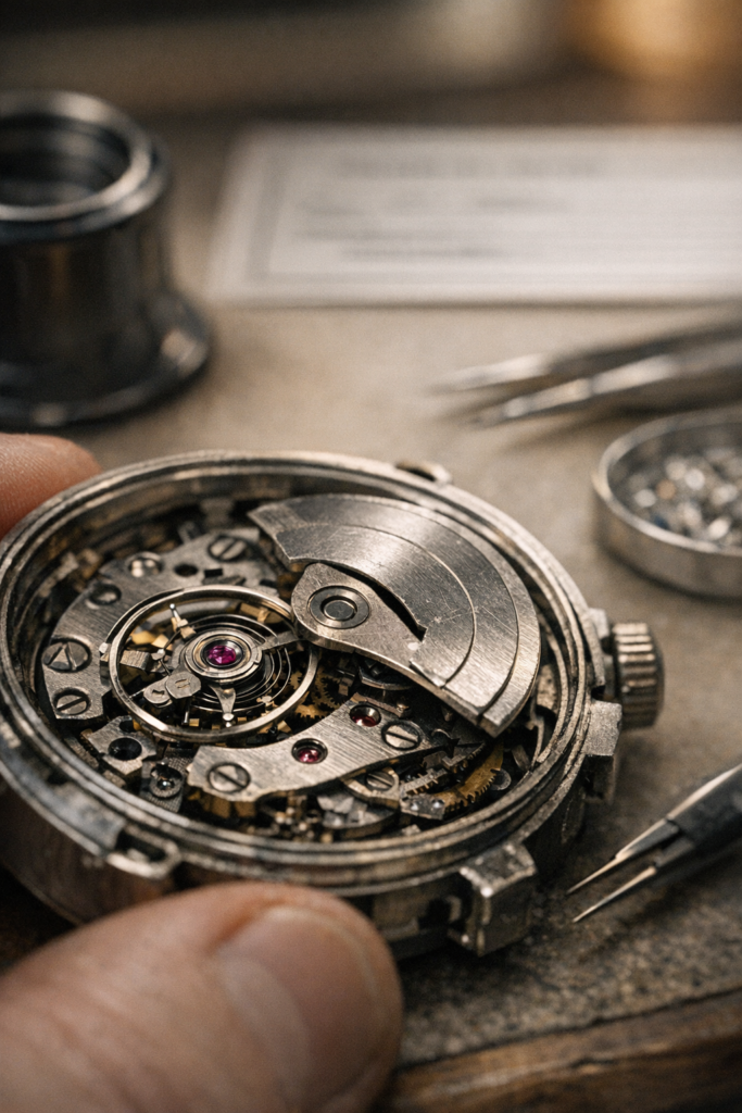  Watchmaker inspecting a Rolex movement after accidental damage