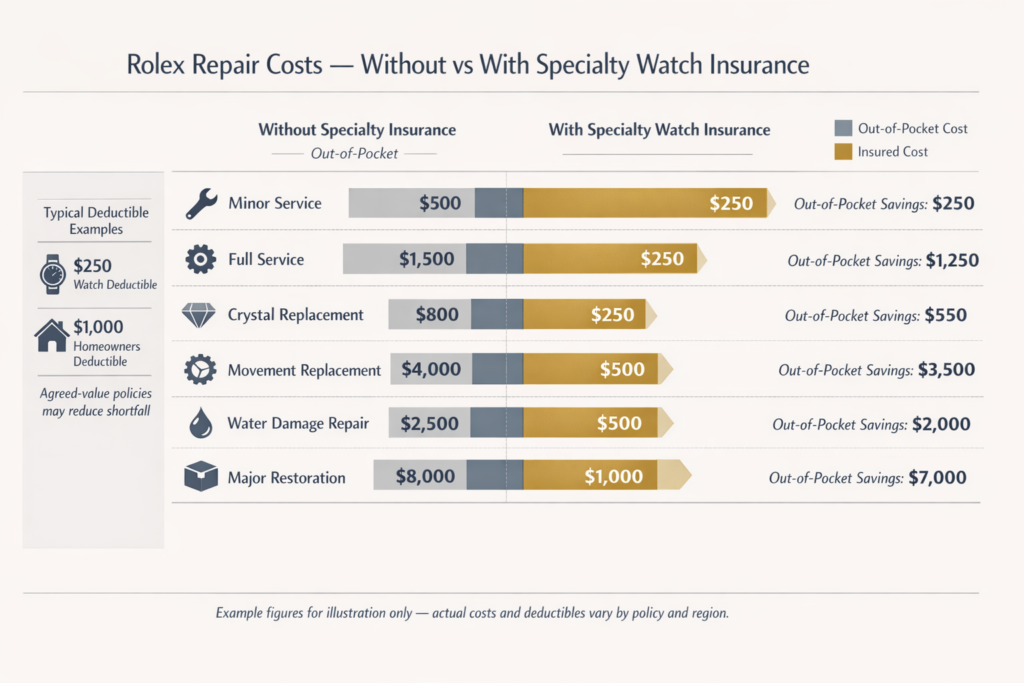  Landscape comparison chart showing repair costs with and without Rolex insurance