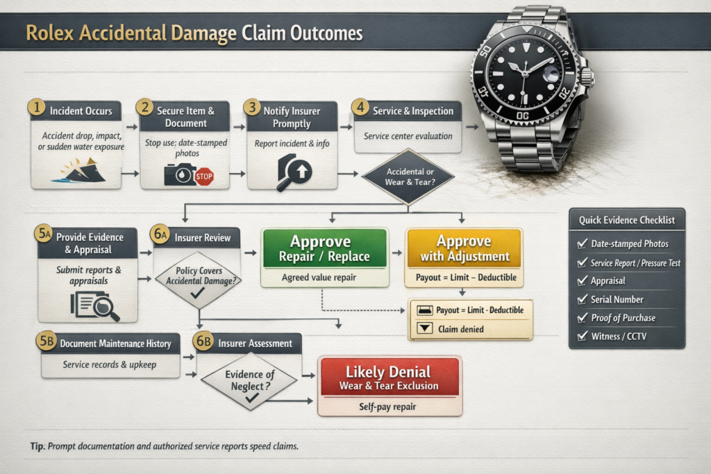  Landscape decision flowchart showing Rolex accidental damage claim outcomes