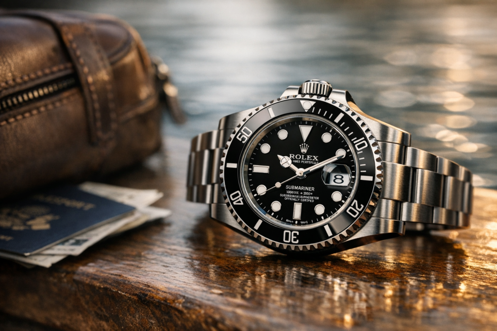 Rolex Submariner resting on a travel bag near water