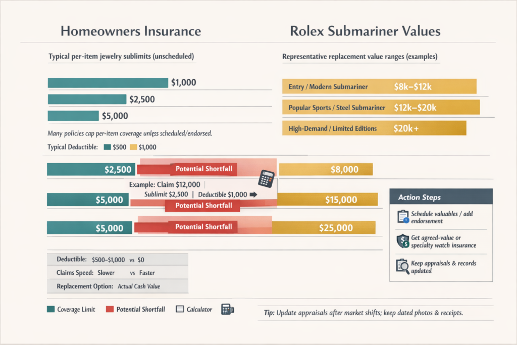 Landscape infographic comparing homeowners insurance limits to Rolex Submariner values