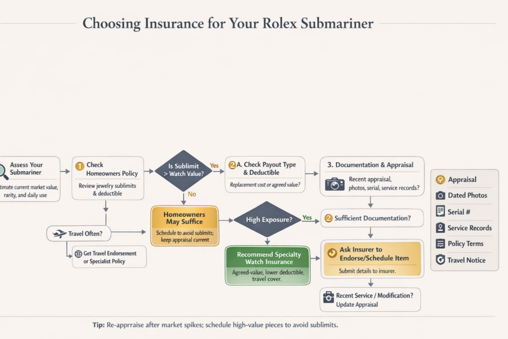 : Landscape decision flowchart helping Submariner owners choose insurance coverage