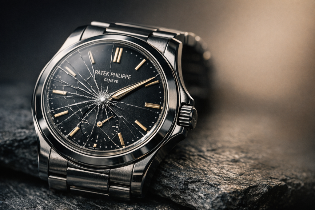 Philippe watch with a cracked sapphire crystal resting on a hard surface
