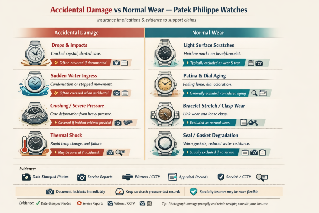Landscape infographic comparing accidental damage versus normal wear for Patek Philippe watches