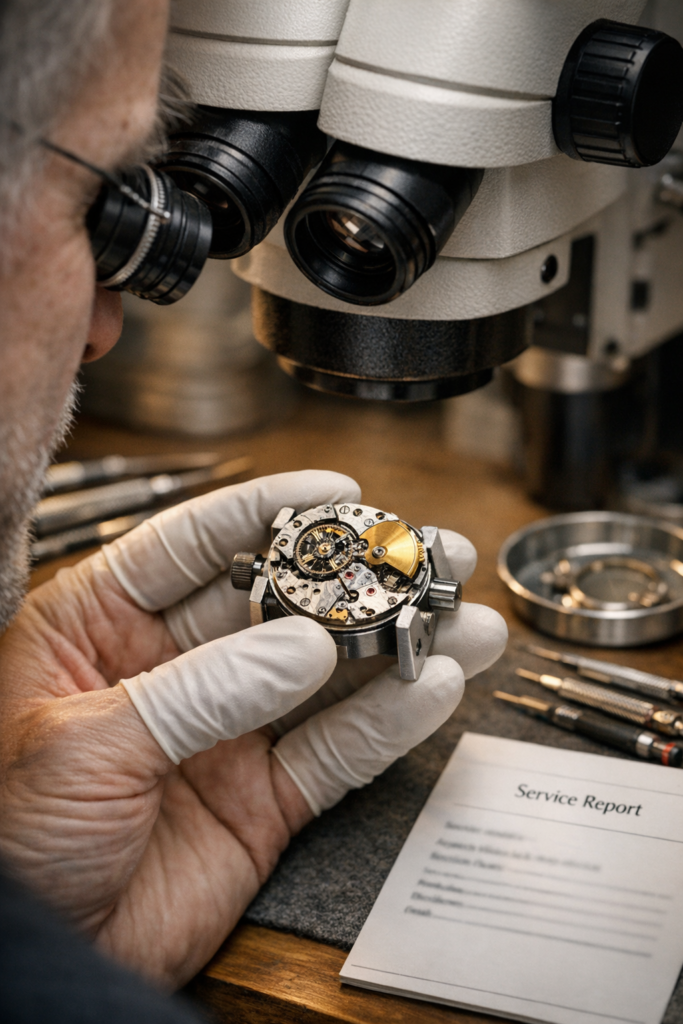 Watchmaker inspecting a Patek Philippe movement after accidental damage
