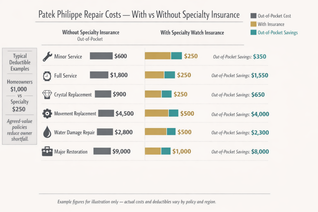 Landscape comparison chart showing repair costs with and without Patek Philippe insurance