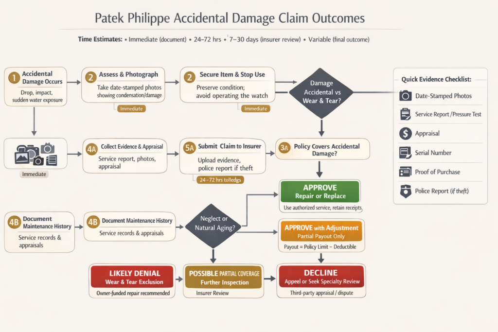 Landscape decision flowchart showing Patek Philippe accidental damage claim outcomes