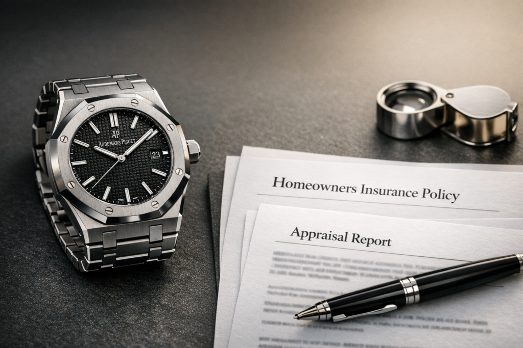  Audemars Piguet Royal Oak resting beside insurance document