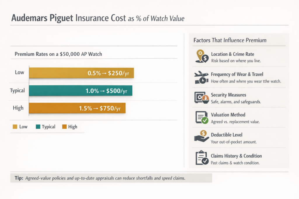  Landscape infographic showing AP insurance cost as percentage of watch value