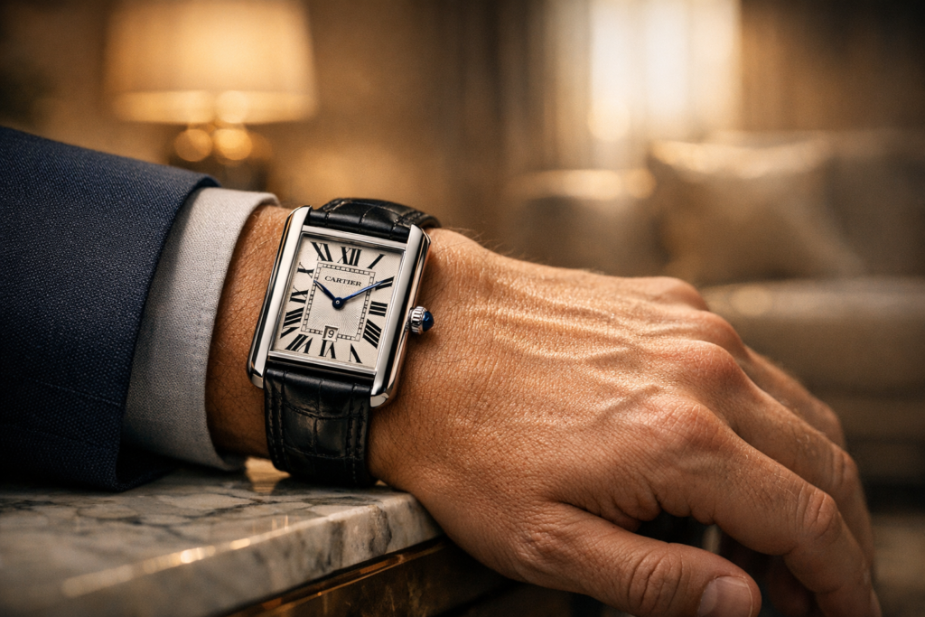  Cartier watch resting in an open watch box inside a luxury home, elegant and cinematic lighting