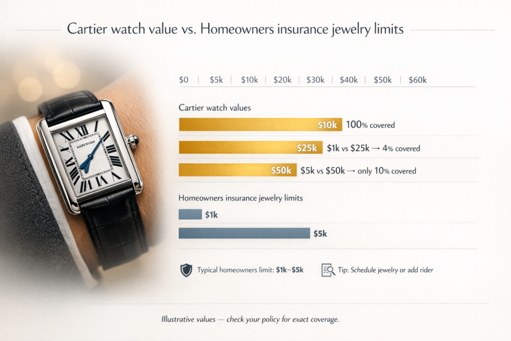  Infographic showing Cartier watch value versus homeowners insurance jewelry sublimits
