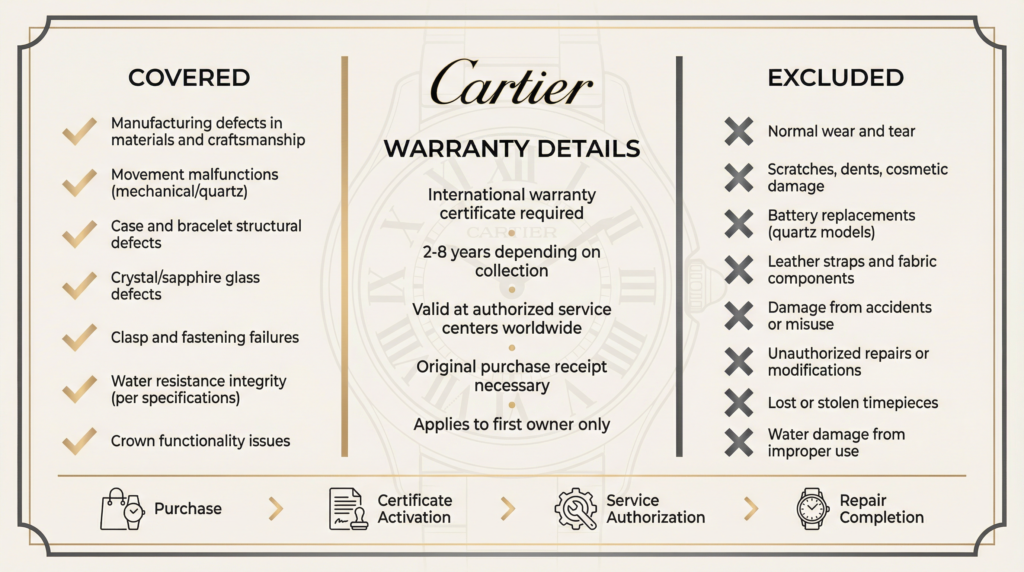 : Infographic comparing what Cartier warranty covers versus what it excludes
