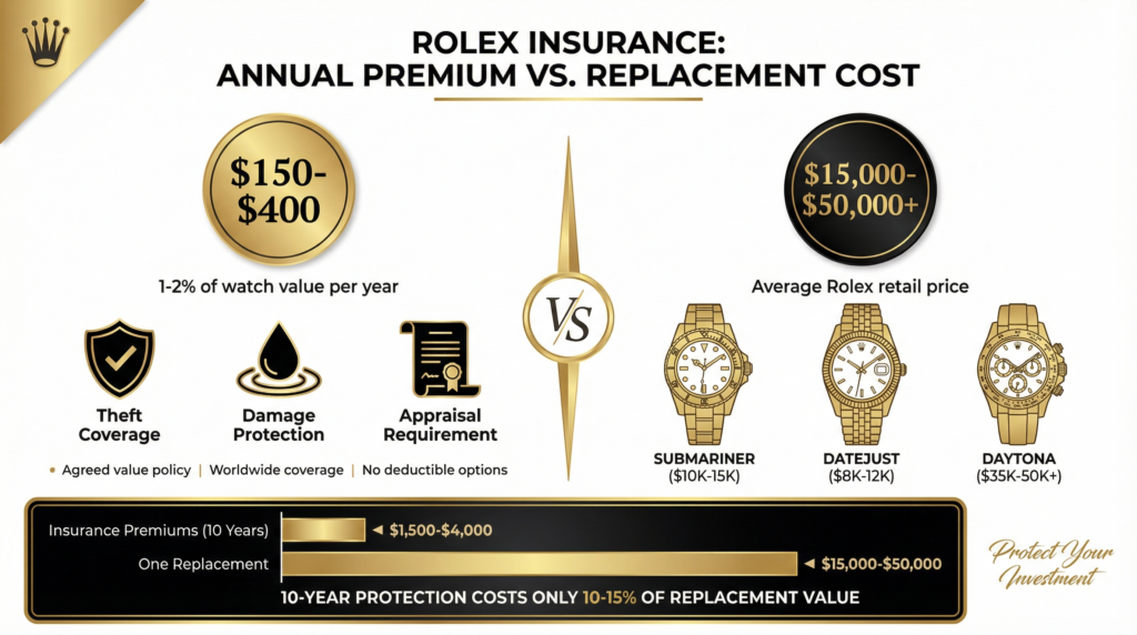 Infographic comparing Rolex insurance annual premium versus full replacement cost