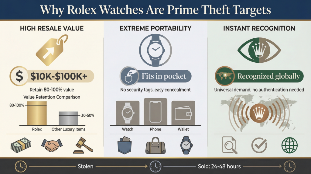 Infographic showing why Rolex watches are commonly targeted for theft