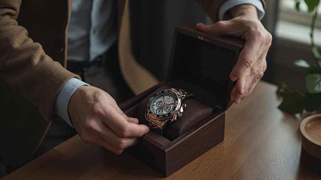  Close‑up of watch box cushion material and stitching detail