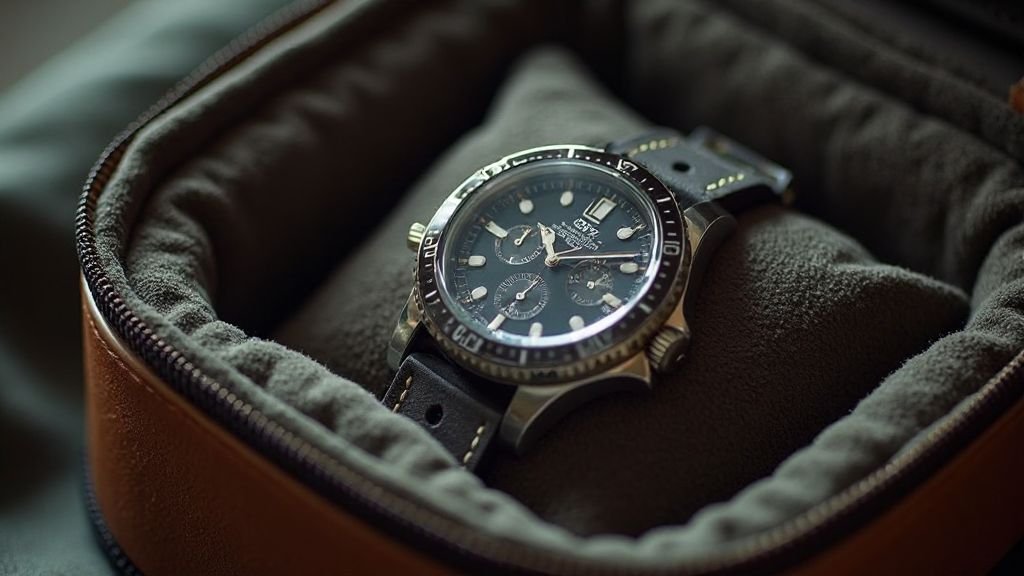  Close‑up of padded interior stitching and watch cushion inside a travel watch case