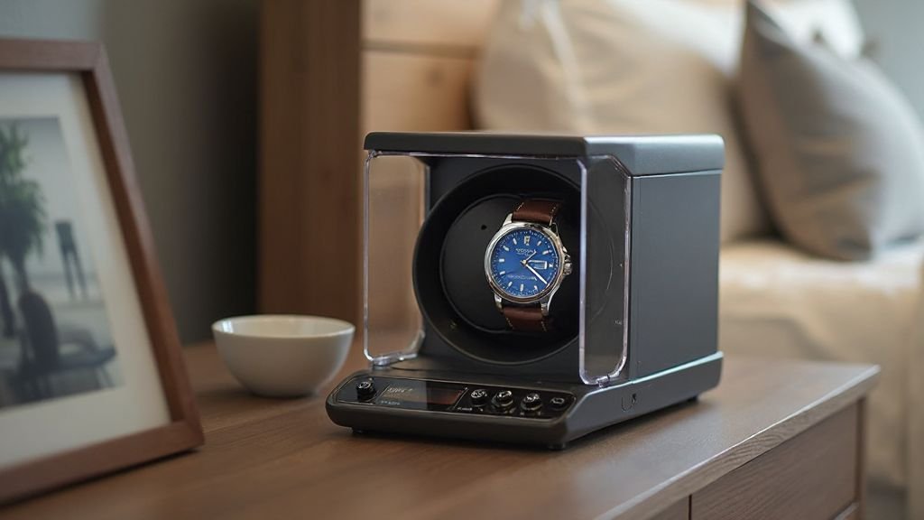  Barrington best watch winders for omega watches sitting on a dark oak dresser