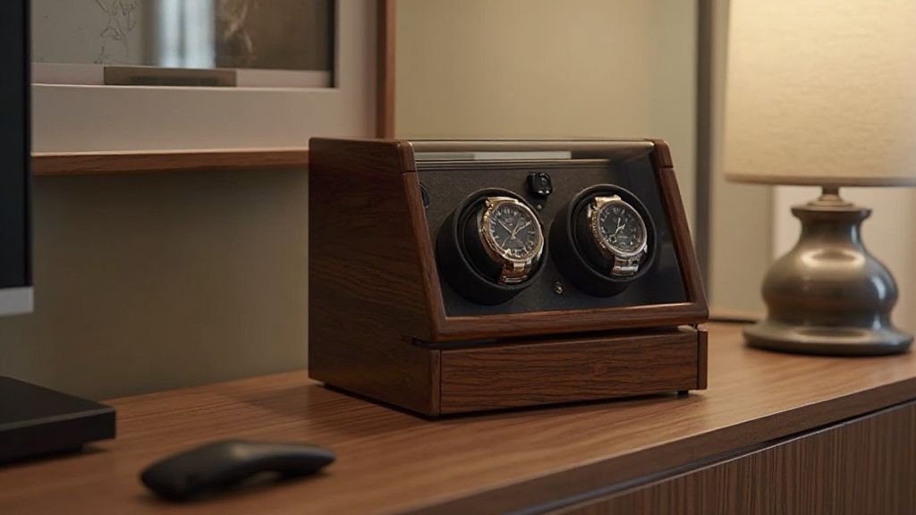  JQUEEN best watch winders under $100 displaying two luxury watches on a wooden desk