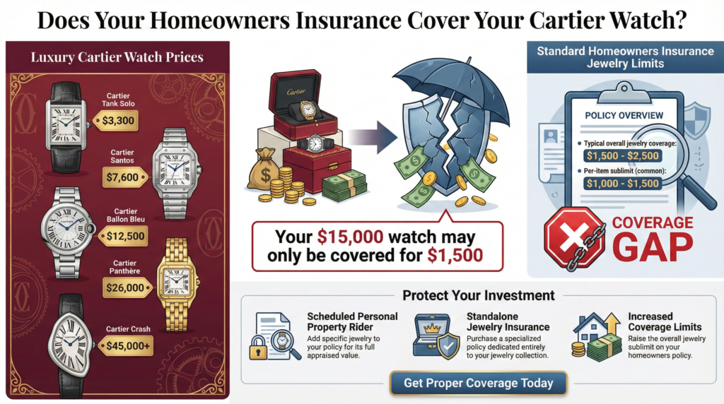  Infographic comparing Cartier watch values against homeowners insurance jewelry limits