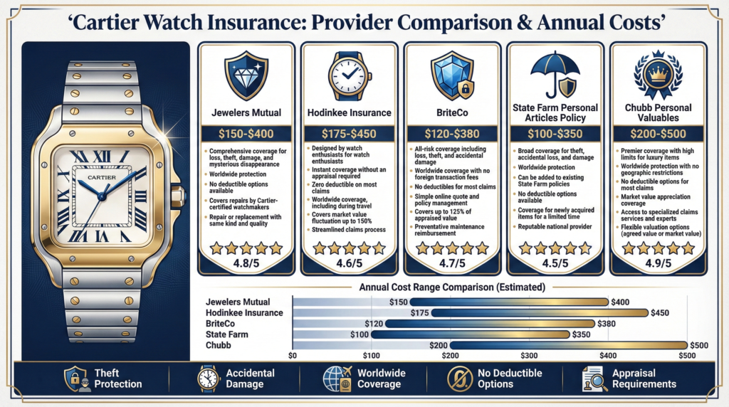  Comparison chart of Cartier watch insurance providers and annual cost ranges