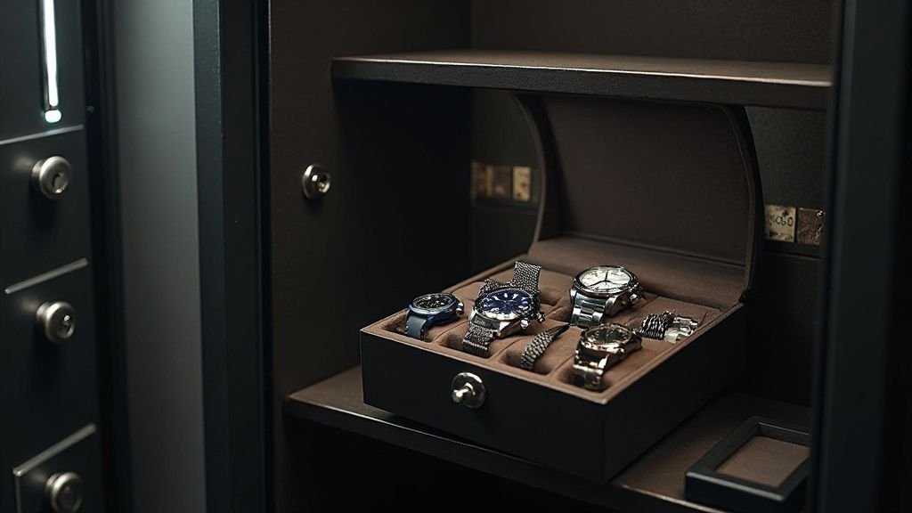  Large home safe interior showing luxury watch box placed securely on shelf
