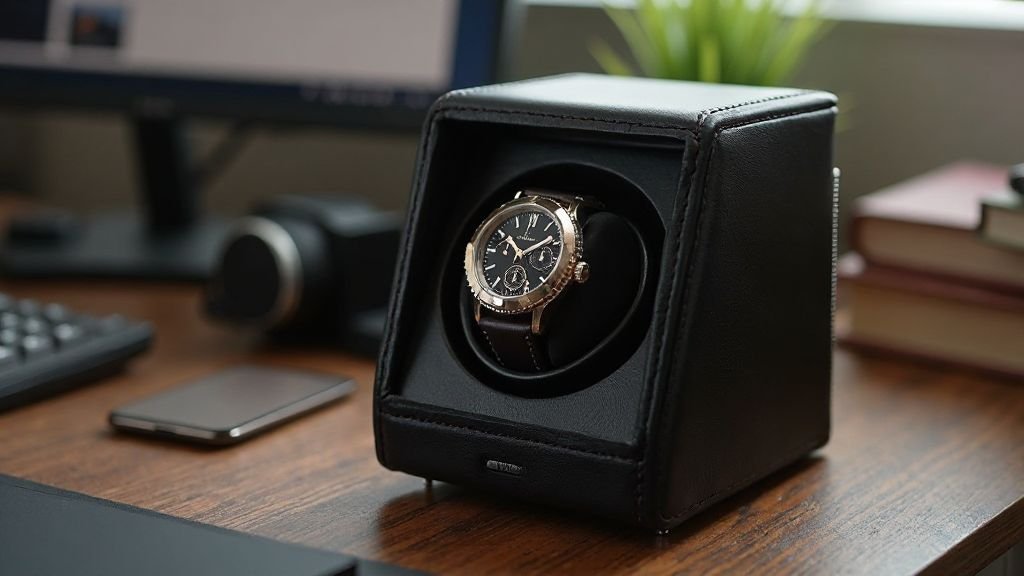 : MOZSLY best watch winders under $100 holding a stainless steel automatic watch