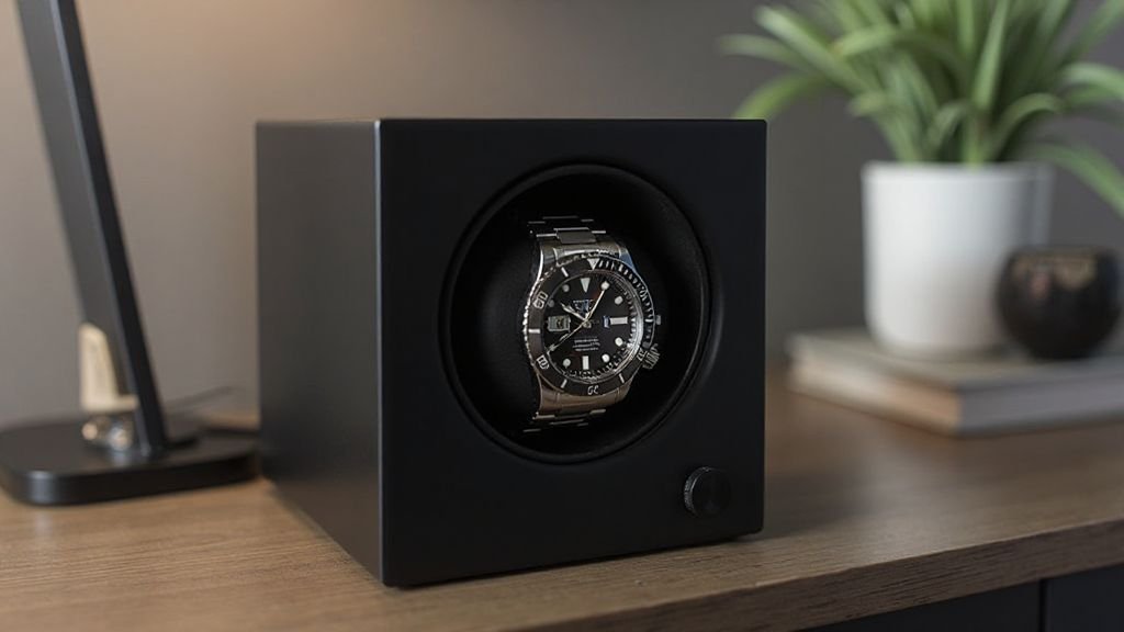  Barrington best watch winders for Breitling watches displaying a heavy dive watch in a modern cube