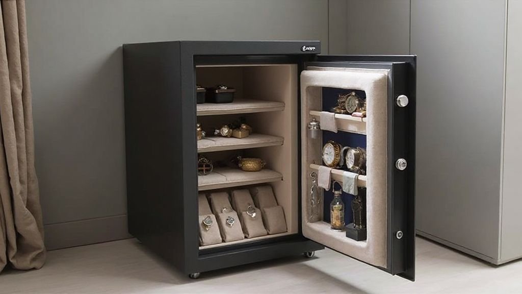 : Medium-sized fireproof home safe with soft interior shelving suitable for watch storage