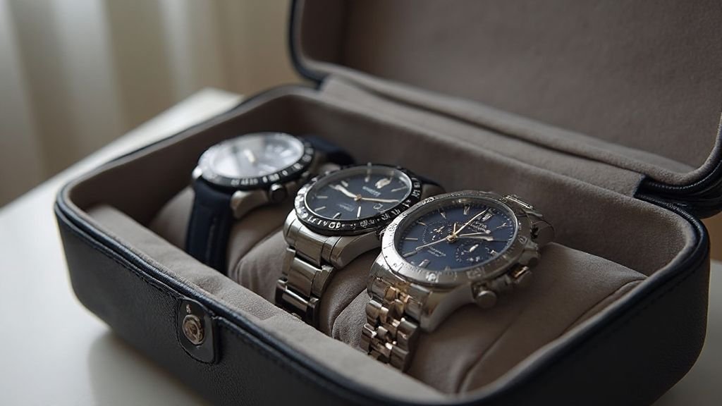 Compact 3-slot structured leather travel watch case with luxury watches secured inside