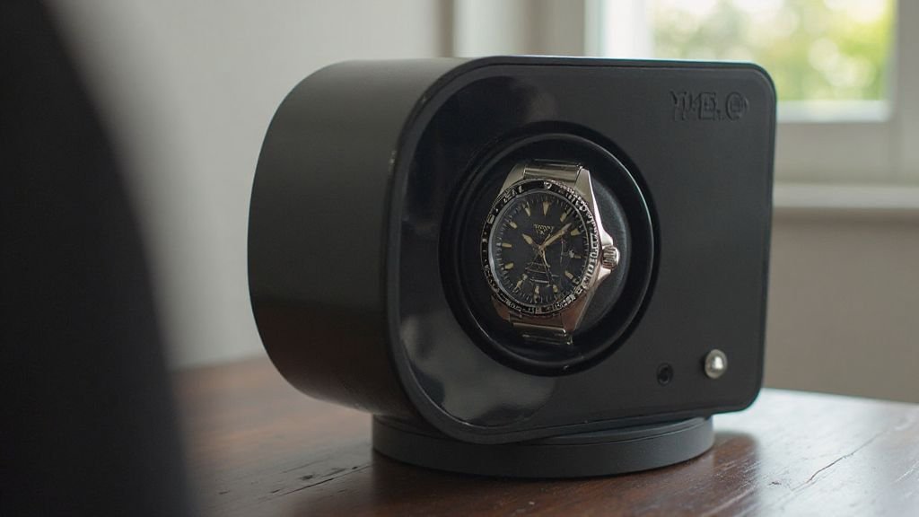  Premium single watch winder with stainless steel diver-style watch mounted inside