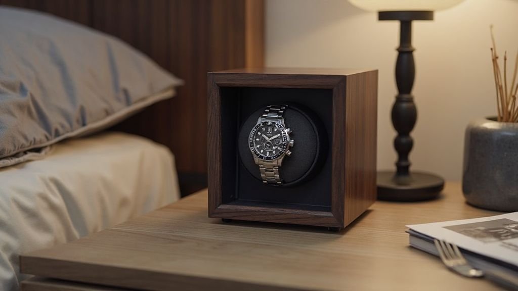 Barrington best quiet watch winders for bedroom model on a bedside table with an automatic watch inside