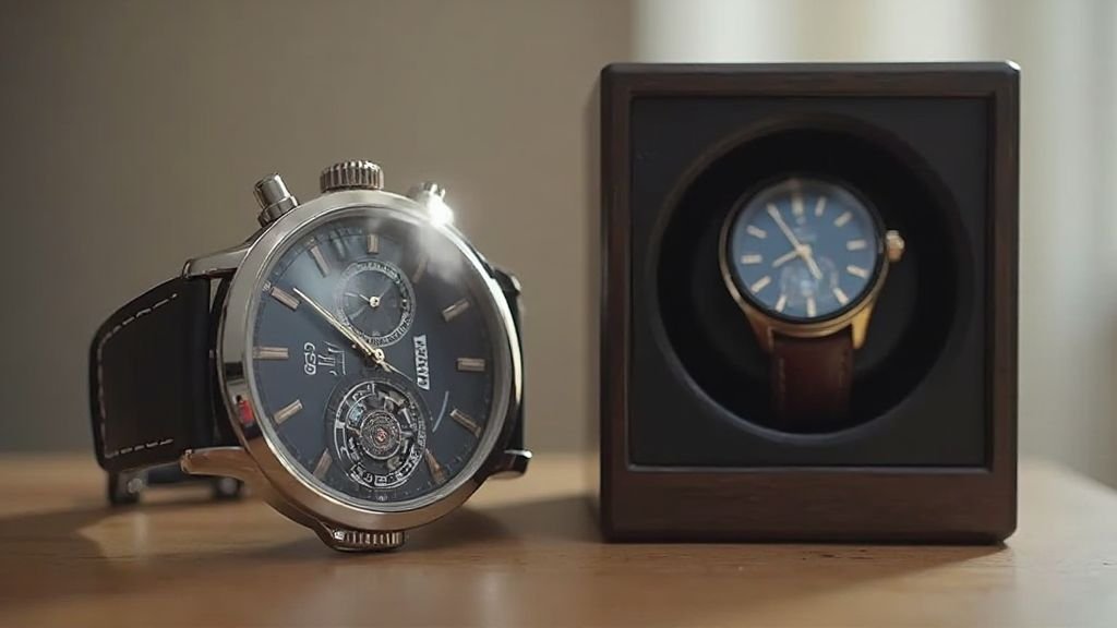 : Comparison image showing an automatic watch stopped versus rotating inside a watch winder