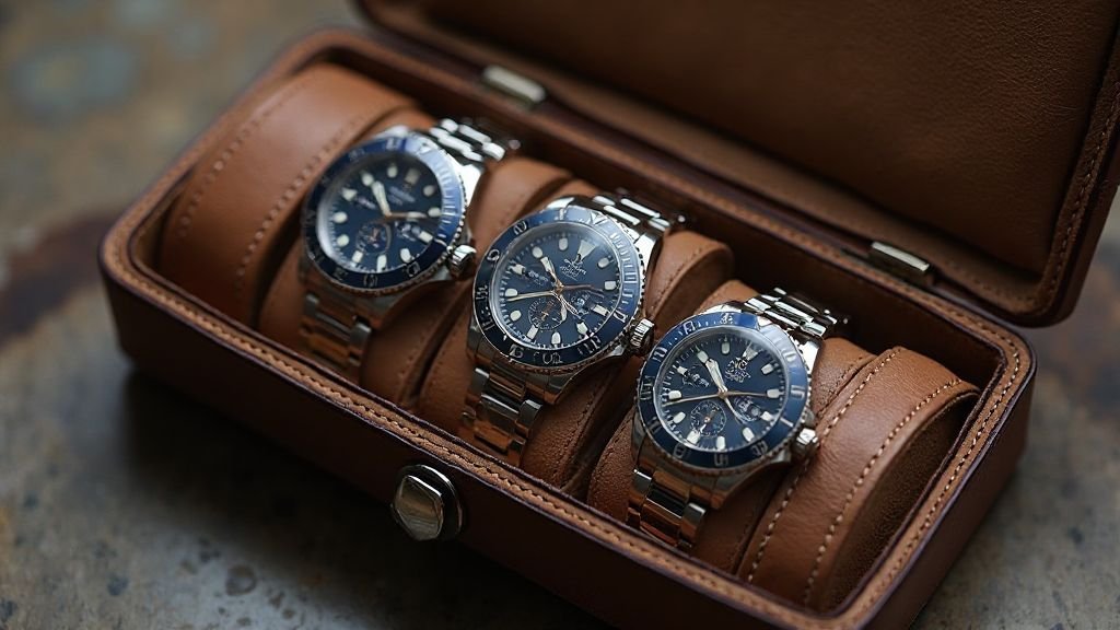  Leather luxury watch roll holding three stainless steel sports watches in padded compartments