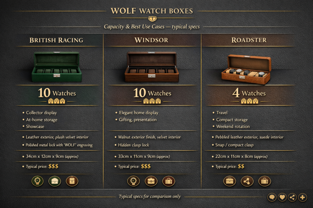  Infographic comparing Wolf British Racing, Windsor and Roadster watch box capacities and best use cases