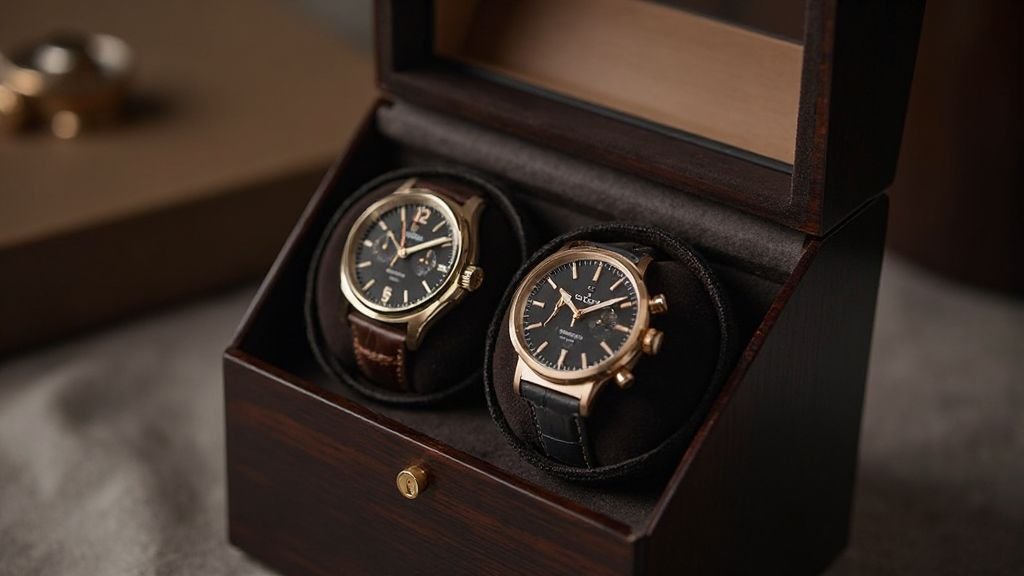 Wolf Heritage best double watch winders unit displaying two luxury watches