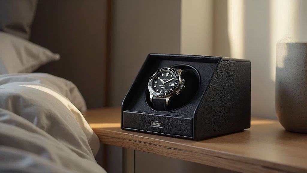  WOLF Cub best quiet watch winders for bedroom unit displaying a luxury dive watch